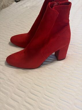 Red Suede Block Heel Ankle Boots - Women